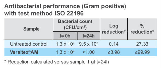 Antibacterial performance (Gram positive) with test method ISO 22196
